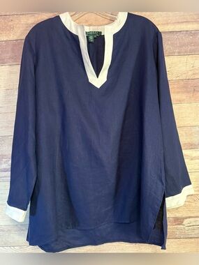 Ralph Lauren Navy Long-Sleeve V-Neck Tunic with White Trim